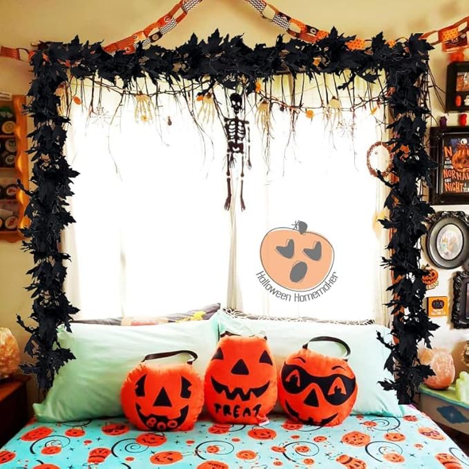 2 Pack Halloween Garlands Fall-Decor Maple Leaf, 6ft Foliage Mantle Vine Artificial Fall-Decorations for Home Fireplace Mantle Front Door Decor(Black)