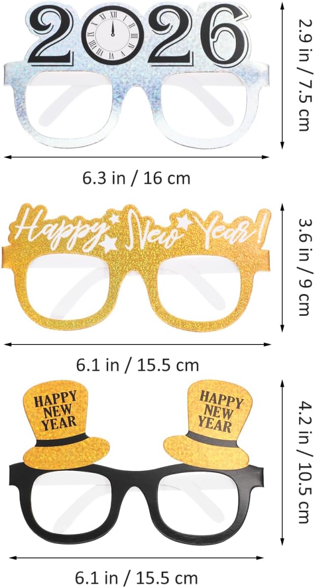 PRETYZOOM 9 Pack 2026 Happy New Year Glasses, 3 Colors Nye Party Favors Supplies, Holiday Eyewear Sunglasses, Photo Booth Props, New Years Eve Decorations Accessories Gifts