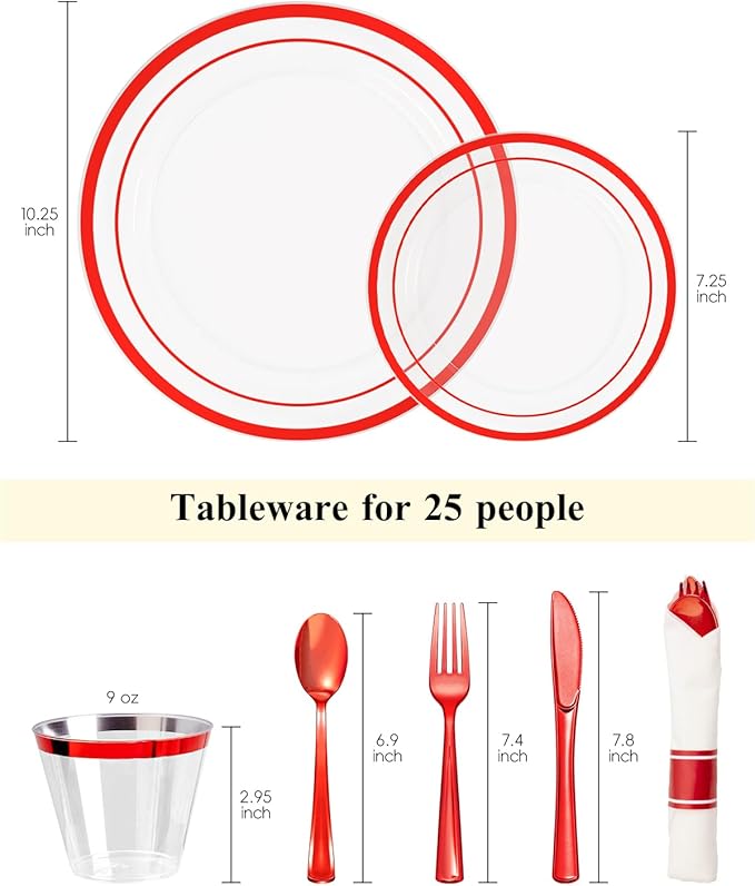 Goodluck 175 Piece Red Plastic Plates, Clear Plastic Silverware Disposable Plates Set, Include 50Plates, 25Pack Pre Rolled Napkins with Silverware, 25Cups for Party, Christmas, Graduation, Wedding