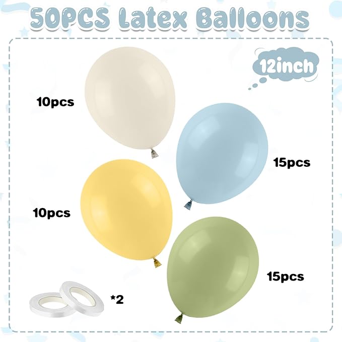 Sage Green Dusty Blue Yellow Balloons, 50PCS 12inch Olive Green Macaron Yellow Mist Blue White Sand Cream Latex Balloon for Birthday Wedding Baby Shower Party Deocrations Supplies