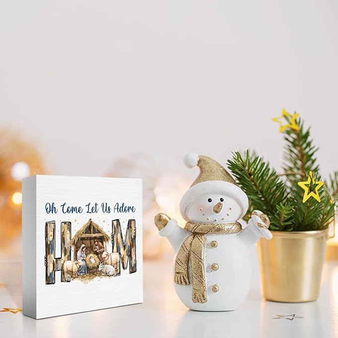 Oh Come Let Us Adore Him Sign Christian Christmas Decorations Religious Bible Gifts for Women Men Baptism Decorations for Home Desk Table Shelf 5 X 5 Inch
