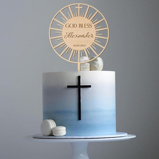 Personalized Baptism Cake Topper in Wood Custom Name & Date God Bless Cake Topper Decoration (Design 01)