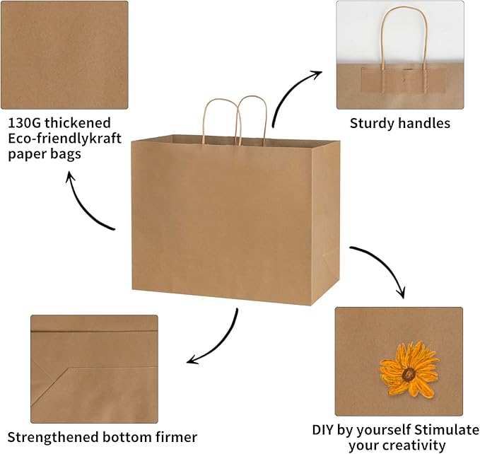 bagmad 100 Pack 16x6x12 Inches Large Plain Natural Brown Kraft Paper Bags with Handles Bulk for Shopping Wedding Grocery Retail Merchandise Business Craft Gift Bags(100 Count)