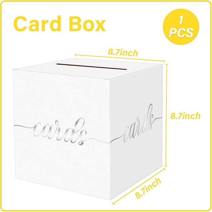 1 Pack White and Silver Foil Card Box for Party, 8.7" White Gift Card Box for Birthday, Wedding, Baby Shower, Retirement, Anniversary, Graduation, Raffle Ticket