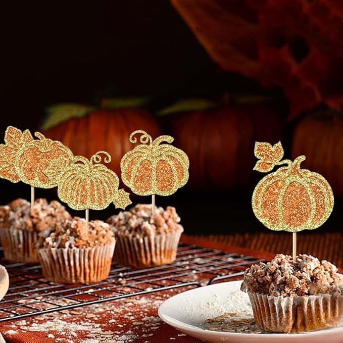 Glitter 24Pcs Pumpkin Cupcake Toppers Thanksgiving Cupcake Toppers Fall Theme Cupcake Picks for Thanksgiving Day Harvest Pumpkin Theme Baby Shower Birthday Cake Decorations Party Supplies
