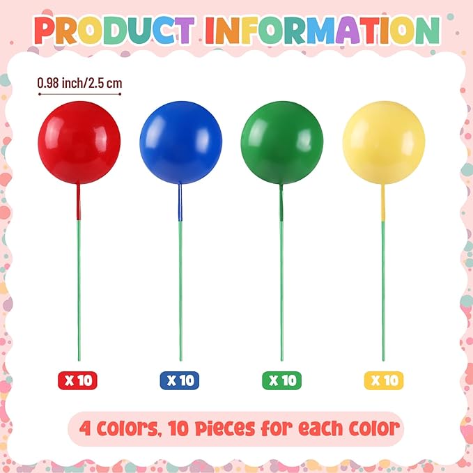 Sieral 40 Pcs Mini Balloon Cake Toppers Colorful Rainbow Topper Round Clay Balls Cupcake Toppers for Birthday Baby Shower Wedding Party Decorations(Red Yellow Blue Green,Foam)
