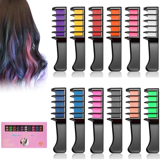12 Colors Festive Fun Hair Chalk Combs, 2026 New Temporary Glitter Hair Colors Hair Chalk Combs, Washable Hair Color Dye for Birthday Christmas Hair DIY Party Gifts for Teenage Girls (12 Colors)