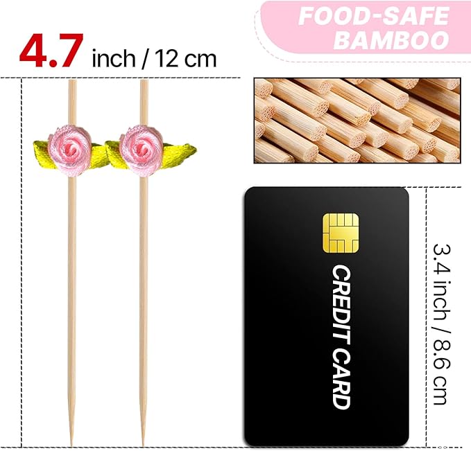 PuTwo Cocktail Picks 4.7 Inch 100pcs Bamboo Fancy Skewers Toothpicks for Appetizers Pink Rose Flower Toothpicks for Food Drink Fruit Sandwich Charcuterie Boards Accessories Wedding Party Supplies