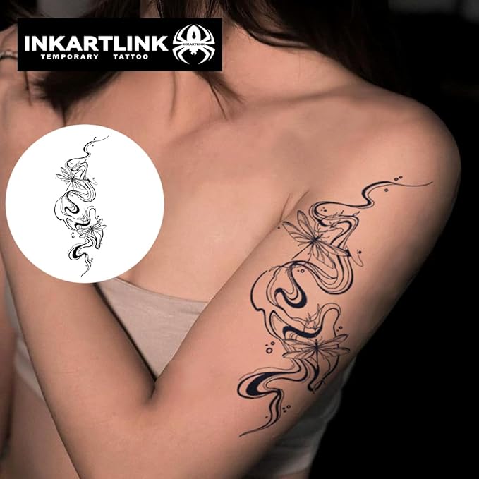 INKARTLINK Tattoo Tech, 2 Sheets Large Semi Permanent Tattoo, Temporary Tattoos, Last 1-2 Weeks, Waterproof, Realistic Look, No Adhesive, No Reflection （Flower INK Design)294