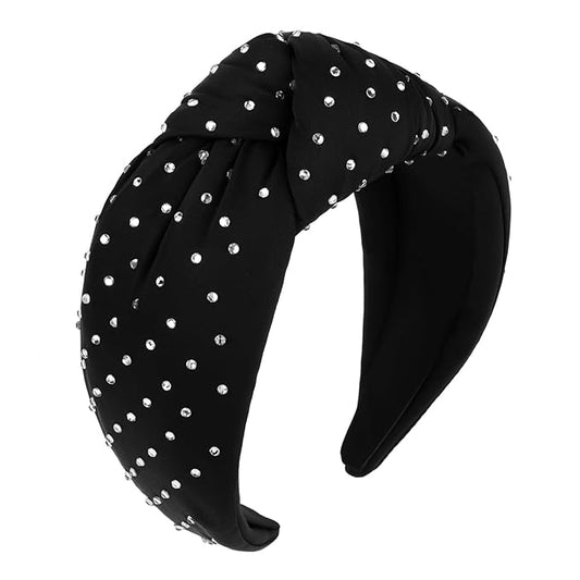 YISSION Black Rhinestone Knotted Headband for Women, Sparkly Crystal Embellished Hair Hoop, Elegant Wide Top Knot Hair Accessory for Party, Wedding, Daily Styling