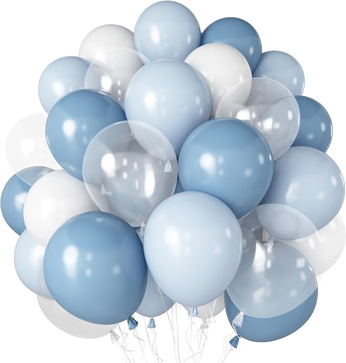 Dusty Blue Balloon, 12 inch Blue White Clear Balloon, Light Blue Macaron Blue Matte White Balloons with Transparent Balloons for Birthday Party Wedding Baby Shower Gender Reveal Decorations
