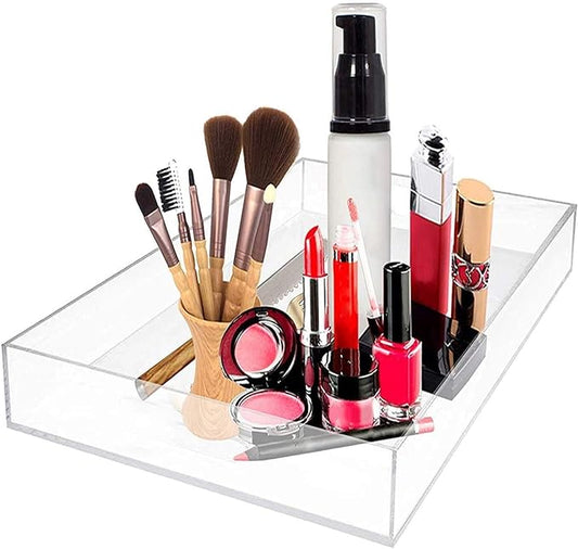 Waterproof Acrylic Serving Tray, Sturdy Thick Nightstand Dresser or Bathroom Vanity Tray Organizer for Change, Coin, Key, Phone, Glasses, Clear Acrylic Storage Valet Organizer