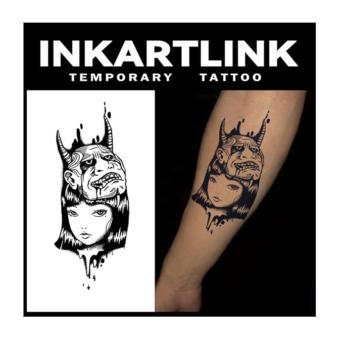 INKARTLINK Tattoo Tech, 2 Sheets Large Semi Permanent Tattoo, Adult Art Design Temporary Tattoos, Lasts 1-2 Weeks, Waterproof, Realistic Look, No Adhesive, No Reflection (Female Devil Design)