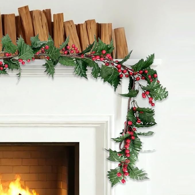 72inch Christams Garland for Front Door,Artificial Green Leaves Paired with Berries for Door Wall Window Fireplace Party Decor