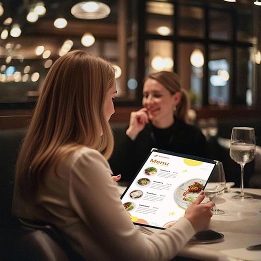 Brown, 25 Pack,1 Page / 2 Views - 8.5" x 11", Cafe Style Menu Cover, Top-Loading Double Stitched Edge, Crystal Clear Vinyl Menu Holder with Gold Decorative Corners