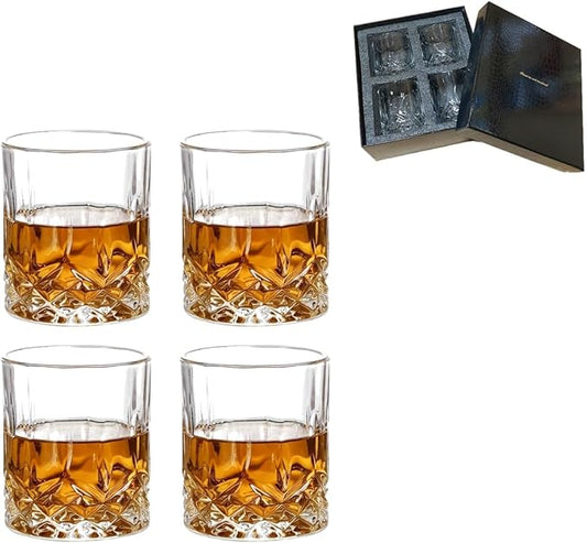 Whiskey Glasses Set of 4 with 1 Gift Box, Large Lead-Free Crystal Glass Tasting Cups Scotch Glasses Tumblers for Drinking Irish Whisky Bourbon Tequila (Diamond, 4 * 10 oz)