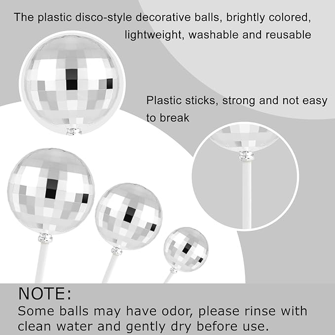 ASTARON 20 Pcs Disco Ball Cake Topper Decorations Sticks Silver Cake Balls Picks Toppers for Birthday Anniversary Disco Retired Theme Party Decorations