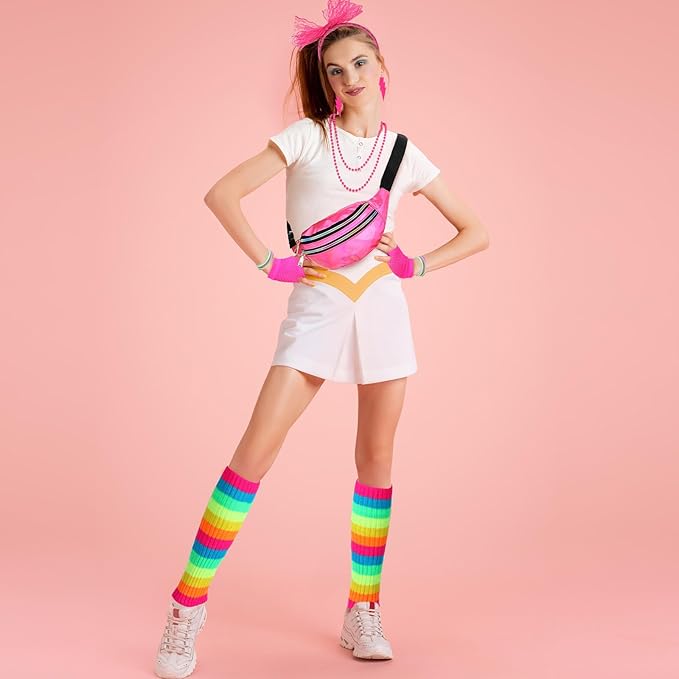 Handepo 19 Pcs 80s Costume Accessories Holographic Fanny Pack Leg Warmers Lace Headband Earrings Gloves Necklace Bracelet
