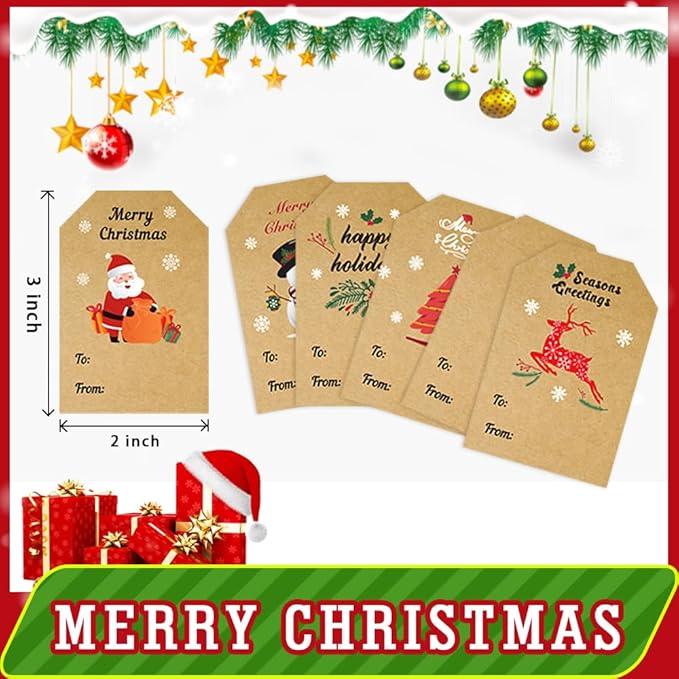 Christmas Gift Tags Stickers by Taeekiy,300 P& 2 x 3 in Self Adhesive Kraft Gift Label.Decorative Holiday Gift Tag for Presents,Suitable for Holidays, Birthdays, Weddings, Party((Gift Tags 300)
