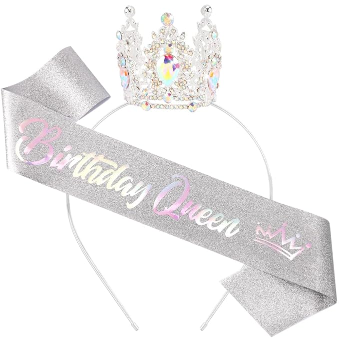 Birthday Queen Sash for Women Tiara & Crowns Headbands for Girls Happy Birthday Party Accessories Favor Supllies Leona Silver Pink, 2 Pack
