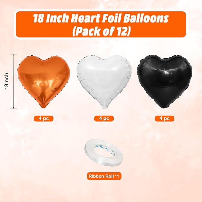 Black Orange Heart Balloons, 18 Inch Black White Orange Heart Foil Shape Balloon, 12PCS Large Love Helium Balloons for Birthday Graduation Halloween Thanksgiving Day Graduation Party Decorations
