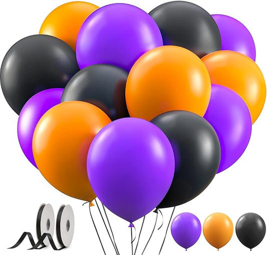 Orange and Black Balloons with Ribbons, 12-Inch Halloween Party Orange Purple and Black Latex Balloons for Halloween Party Decorations, Perfect for Spooky Party Decor