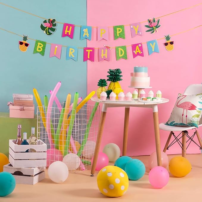 SUNBEAUTY Hawaiian Aloha Party Tropical Happy Birthday Banner Luau Birthday Flamingo Pineapple Palm Leaf Banner for Summer Birthday Party Decorations Supplies | Pre-Strung