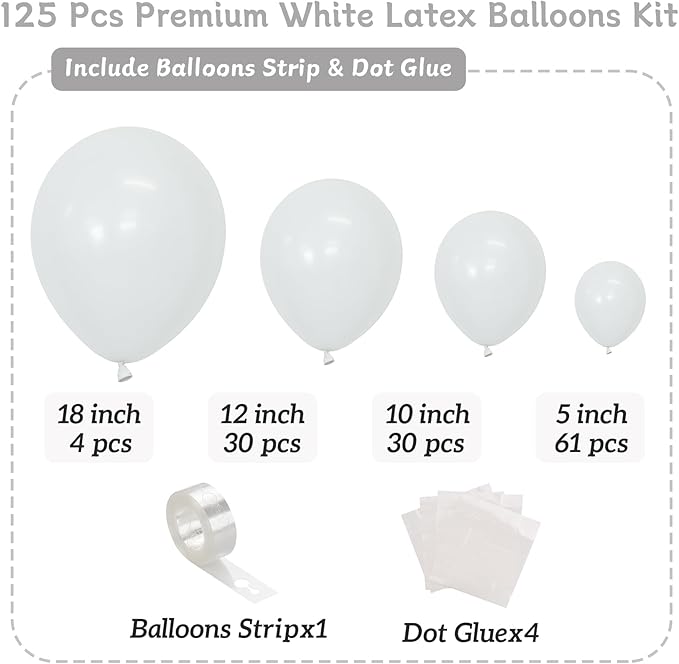 White Balloons 125 pcs Different Sizes Pack of 18 12 10 5 Inch Latex White Balloon Arch Kit Garland for Birthday Party Baby Shower Bridal Shower Graduation Wedding Decorations