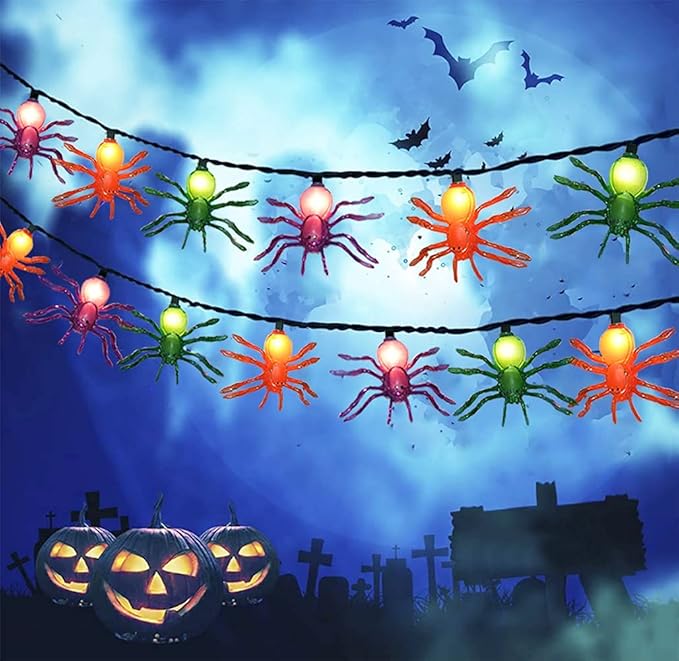 Halloween Spider String Lights, 8.5Ft Multi-Color Spider LED String Lights with 10 Lifelike Spider Lights Connectable Indoor/Outdoor Halloween Decoration for Party, Bar, House, Garden, Black Wire