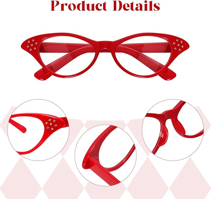 Fumwase 4PCS Cat Eye Glasses with Rhinestones 50s 60s Party Costume Glasses Old Lady Glasses for Halloween Cossplay Hip Hop Dress up (4, Black+White+Red+Pink)