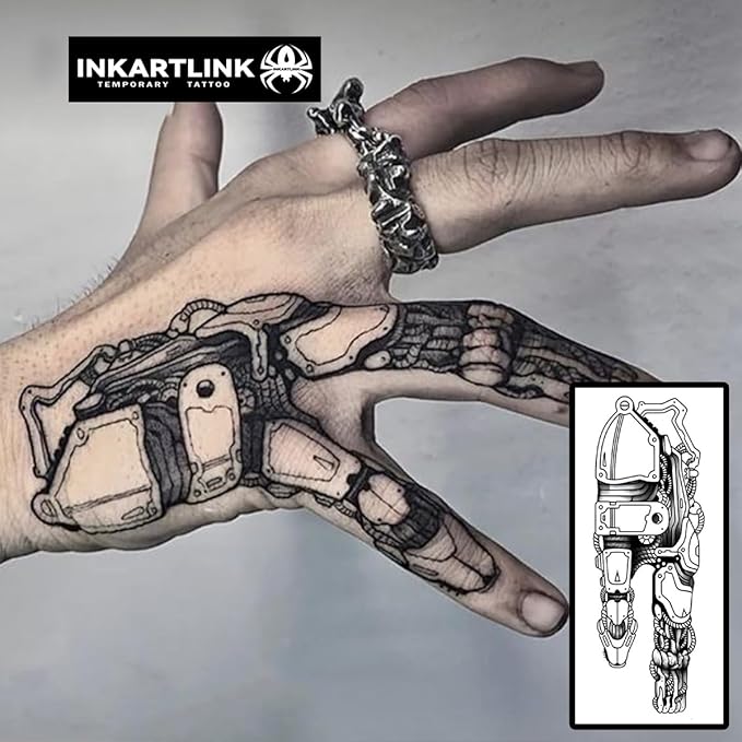 INKARTLINK Semi Permanent Tattoos, realistic temporary tattoos, suitable for cool boys and girls, waterproof and non-reflective, exquisite packaging, unique design (Mechanical fingers)
