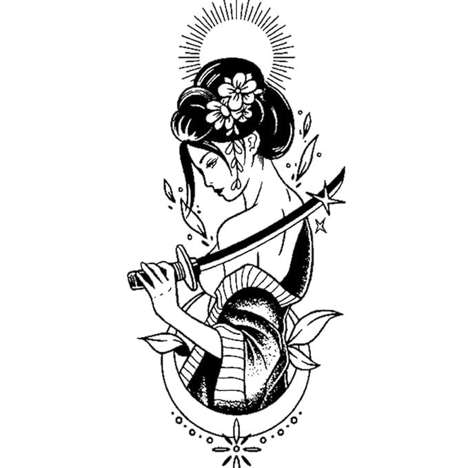 INKARTLINK Tattoo Tech, 2 Sheets Large Semi Permanent Tattoo, Adult Art Design Temporary Tattoos, Lasts 1-2 Weeks, Waterproof, Realistic Look, No Adhesive, No Reflection (Japanese Warrior Girl Design)