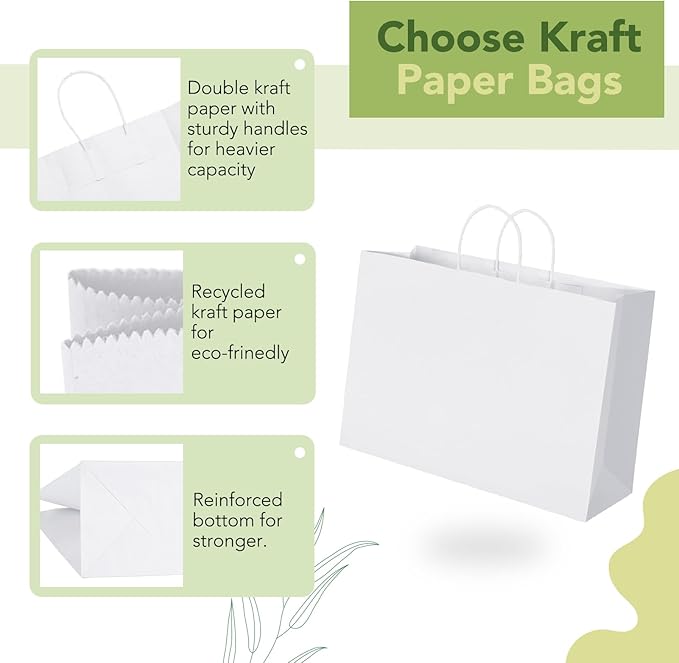 MESHA 16x6x12'' White Kraft Paper Bags With Handles,50 Pack Large Gift Bags Bulk Bulk Reusable for Business,Retail,Birthday,Wedding,Party,Favor,Merchandise,Grocery Shopping Bag