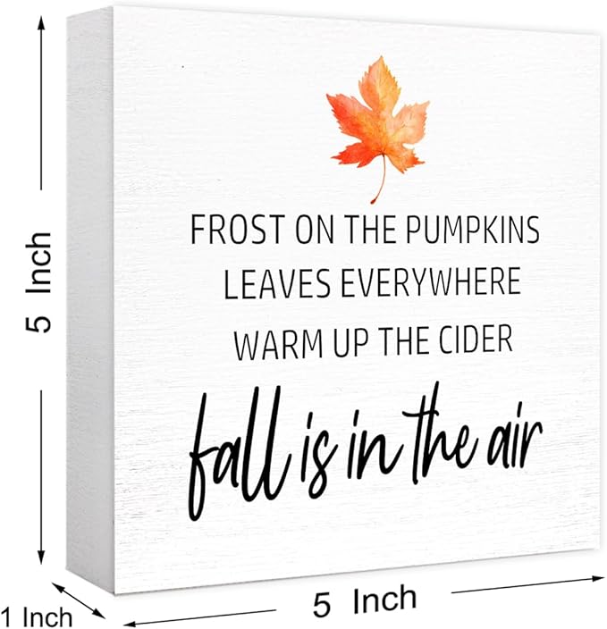 Funny Autumn Maple Leaves Wood Box Sign Fall is in the Air Wooden Block Desk Decor for Home Office Kitchen Cubicle Table Shelf Tabletop,Farmhouse Fall Sign Decor
