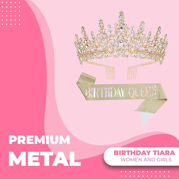 Birthday Tiara Crown with Sash for Women, Headband Hair Accessories for Wedding Party Costume