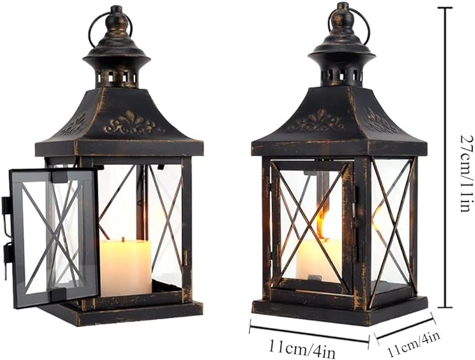TRIROCKS Set of 2 Decorative Candle Lantern 11'' High Metal Candle Holder Hanging Lantern Perfect for Home Decor Halloween Living Room Parties Events Tabletop Indoors Outdoors (Black with Gold Brush)