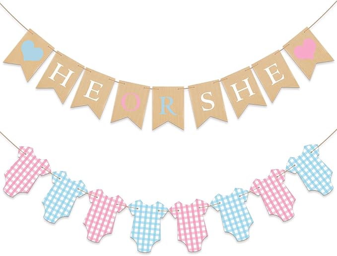 2 Pcs Gender Reveal Decorations Pre-strung He or She Burlap Banner Sign Glitter Baby Suit Bodysuits Banner Girl or Boy Garland for Gender Reveal Baby Shower Birthday Party Decorations