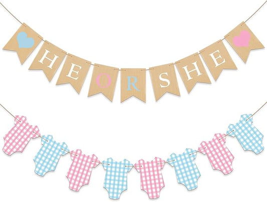 2 Pcs Gender Reveal Decorations Pre-strung He or She Burlap Banner Sign Glitter Baby Suit Bodysuits Banner Girl or Boy Garland for Gender Reveal Baby Shower Birthday Party Decorations