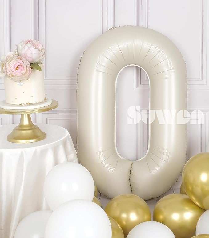 SUWEN 40 Inch Cream White Large 0 Balloon Numbers Big Foil Helium Number Balloons 0-9 Jumbo Happy 0th Mylar Birthday Party Decorations for Boy or Girl Anniversary Party Supplies