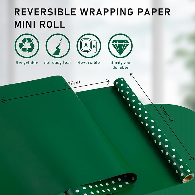 Yarcony Polka Dots Reversible Wrapping Paper Roll - 17 Inch x 33 Feet - Classic Green and White Christmas Polka Dot Holiday Winter Themed Wrapping Paper for Holiday, Birthday, Party, St. Patrick's Day