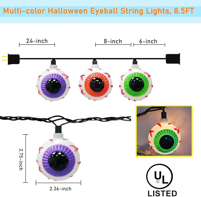 Halloween Eyeball String Lights, 8.5Ft Halloween Decorative String Lights with 10 Multicolor Eyeball Bulbs, UL Listed Waterproof for Indoor/Outdoor Use, Patio, Garden, Gazebo, Door Decoration, Black