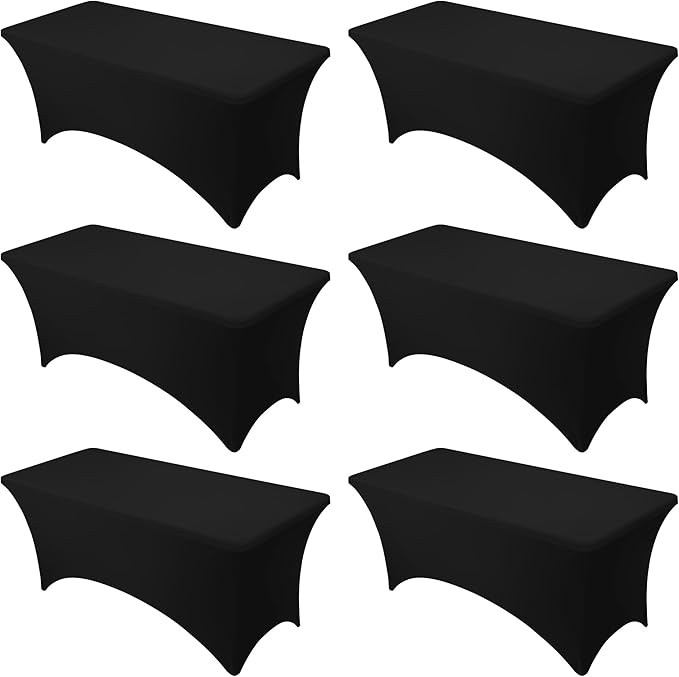 6-Pack Premium Black Spandex Tablecloths for 6ft Rectangle Tables, Stain & Wrinkle-Resistant, Washable Stretch Polyester Fitted Table Cover for Weddings, Banquets, Trade Shows Events