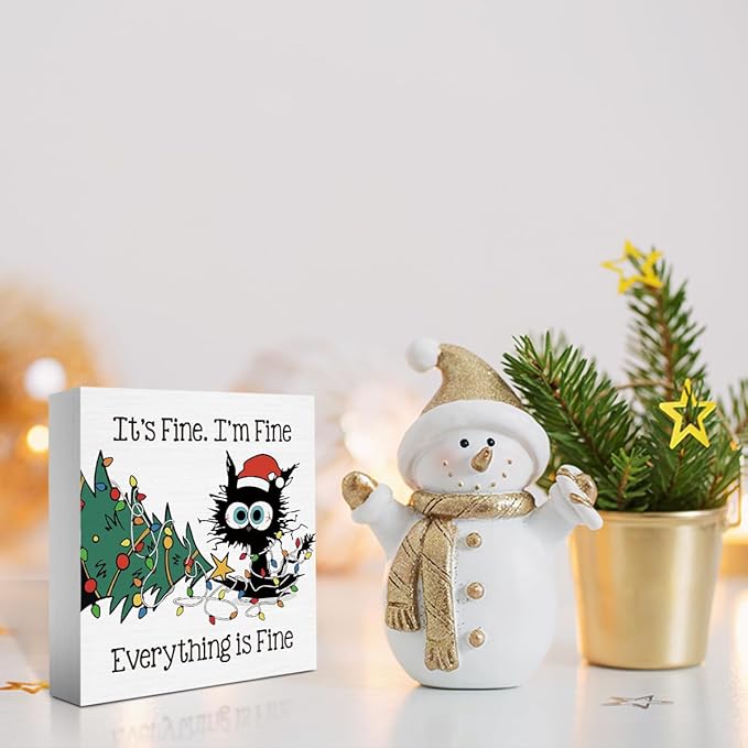 He Sees You When You're Pooping Bathroom Sign Christmas Bathroom Decorations Funny Black Cat Tree Decor for Home Desk Table Shelf 5 X 5 Inch