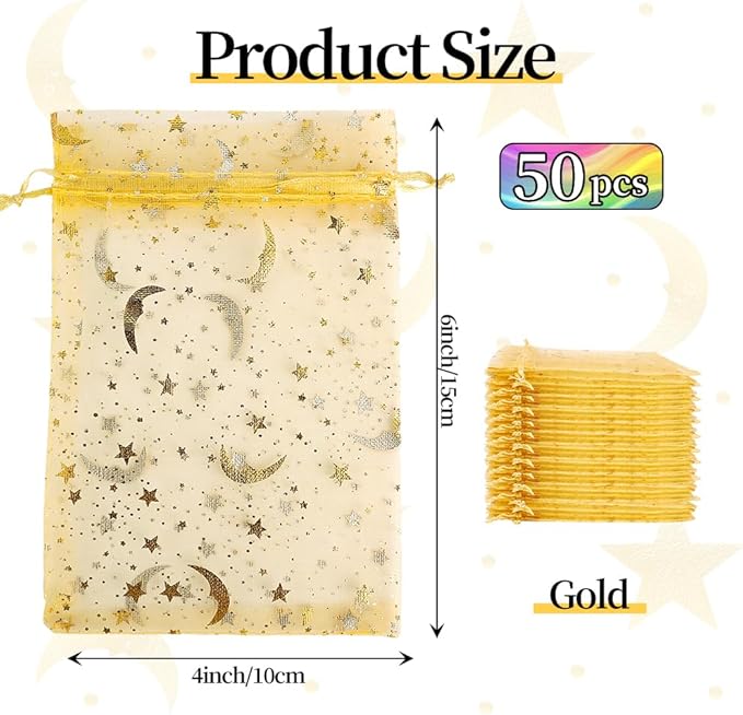 Moon Star Organza Bags 4x6 Small Mesh Bag Drawstring 50 Pcs Mesh Gift Bags Drawstring Pouch Wedding Favor Bags Jewelry Pouches Bulk Gift Pouch for Candy Soaps Birthday Festival Party Supplies, Gold