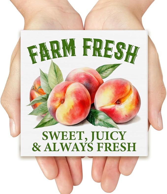 Peach Decor Farmhouse Summer Wood Block Sign Summer Decorations for Home Desk Table Shelf 5 x 5 Inches