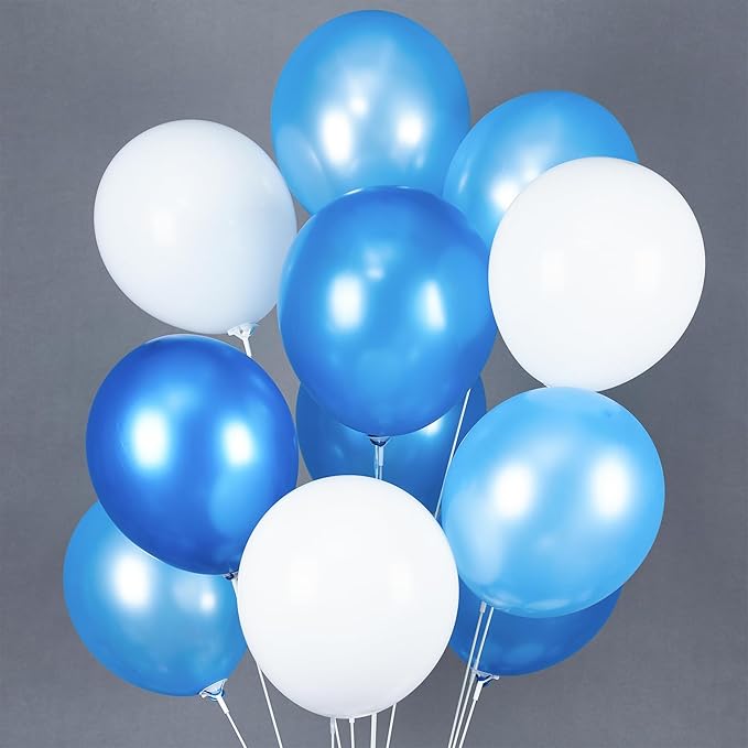 PartyWoo Blue and White Balloons 100pcs 12 Inch Pearl Light Baby Pastel Sky Blue Matte White Balloons for Graduation Baby Shower Birthday Gender Reveal Anniversary Under the Sea Party Decorations