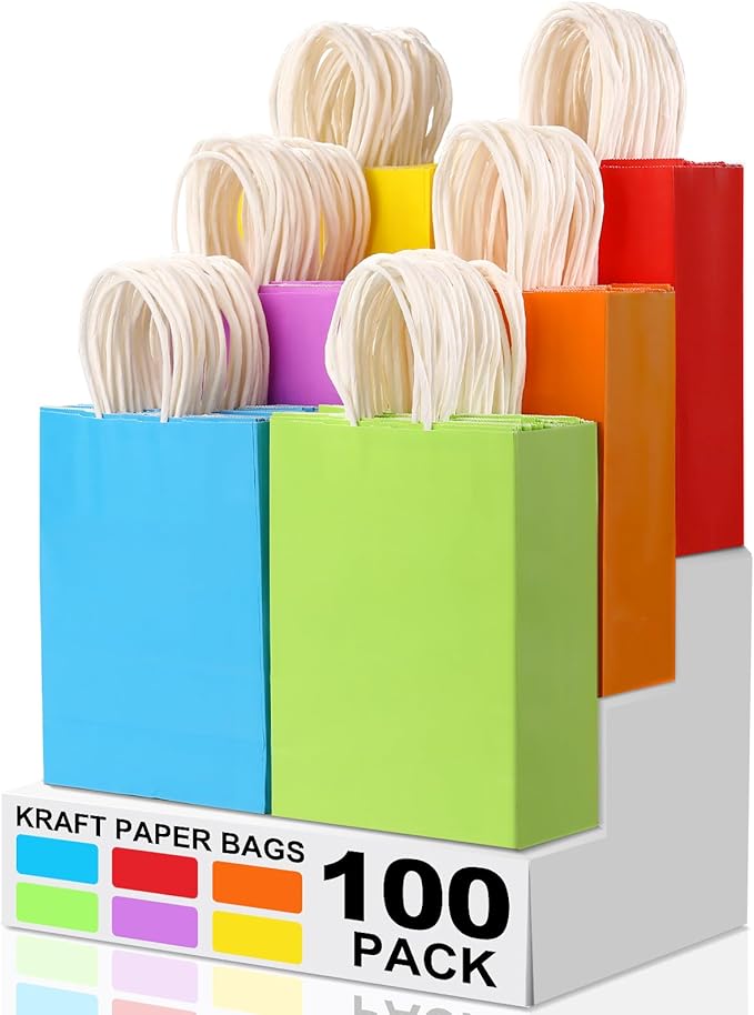 XPCARE 100Pcs Paper Gift Bags,6.3"x3.15"x8.66 Kraft Paper Party Favor Bulk Rainbow Goodie Small Gift Bags with Handles for Kids Birthday Baby Shower Crafts Wedding Party Supplies (6 Colors)