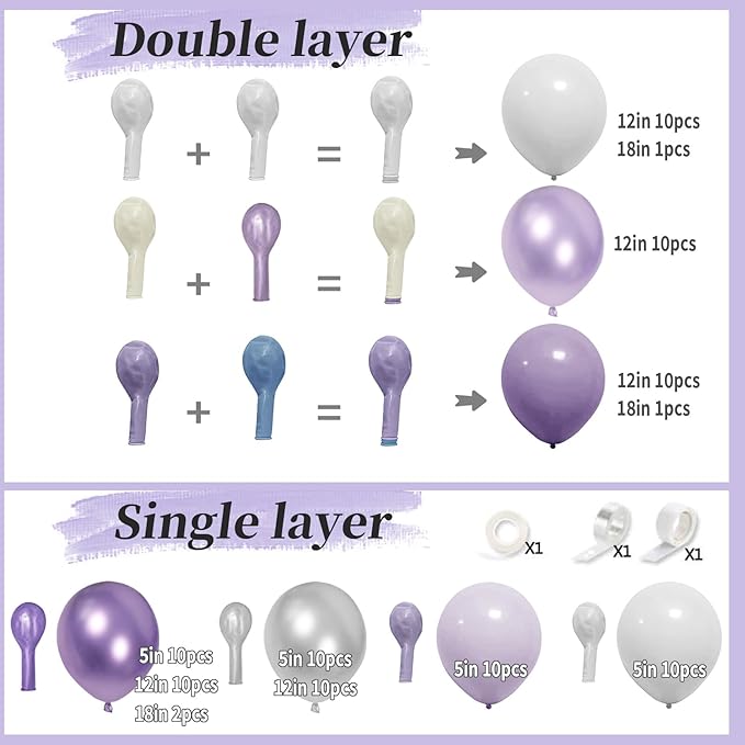 Purple White Balloon Arch Kit - Double-Stuffed in Lavender & Pearl featuring Metallic Lilac for Baby Shower, Wedding, Birthday Decor