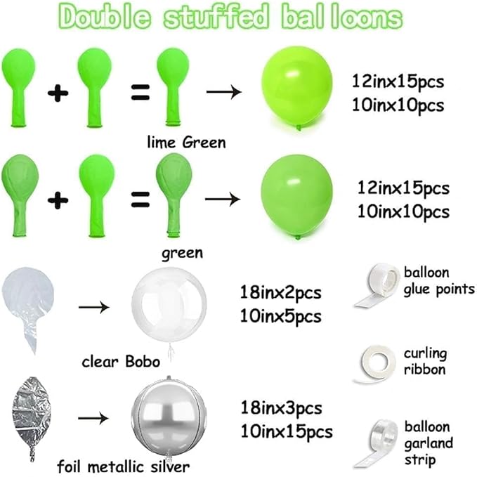 Green Silver Balloon Arch Double Stuffed Lime Green Metallic Sliver Balloon Garland Clear Bobo Balloons for Christmas Birthday Baby Shower Safari Jungle Graduation Party Decorations