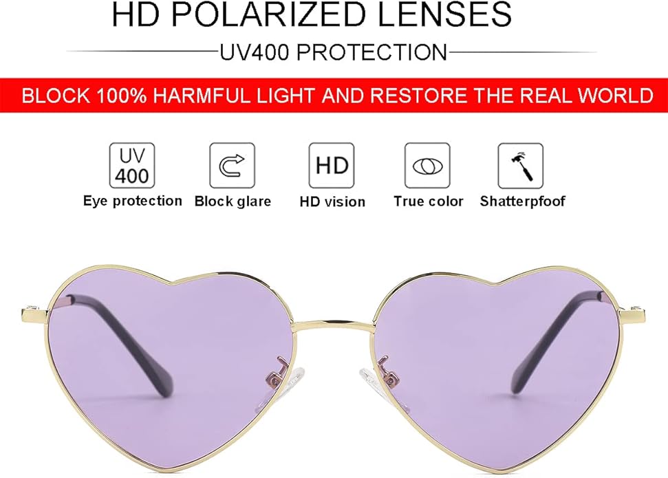 JOVAKIT Polarized Heart Sunglasses for Women Fashion Lovely Style Metal Frame UV400 Protection Lens